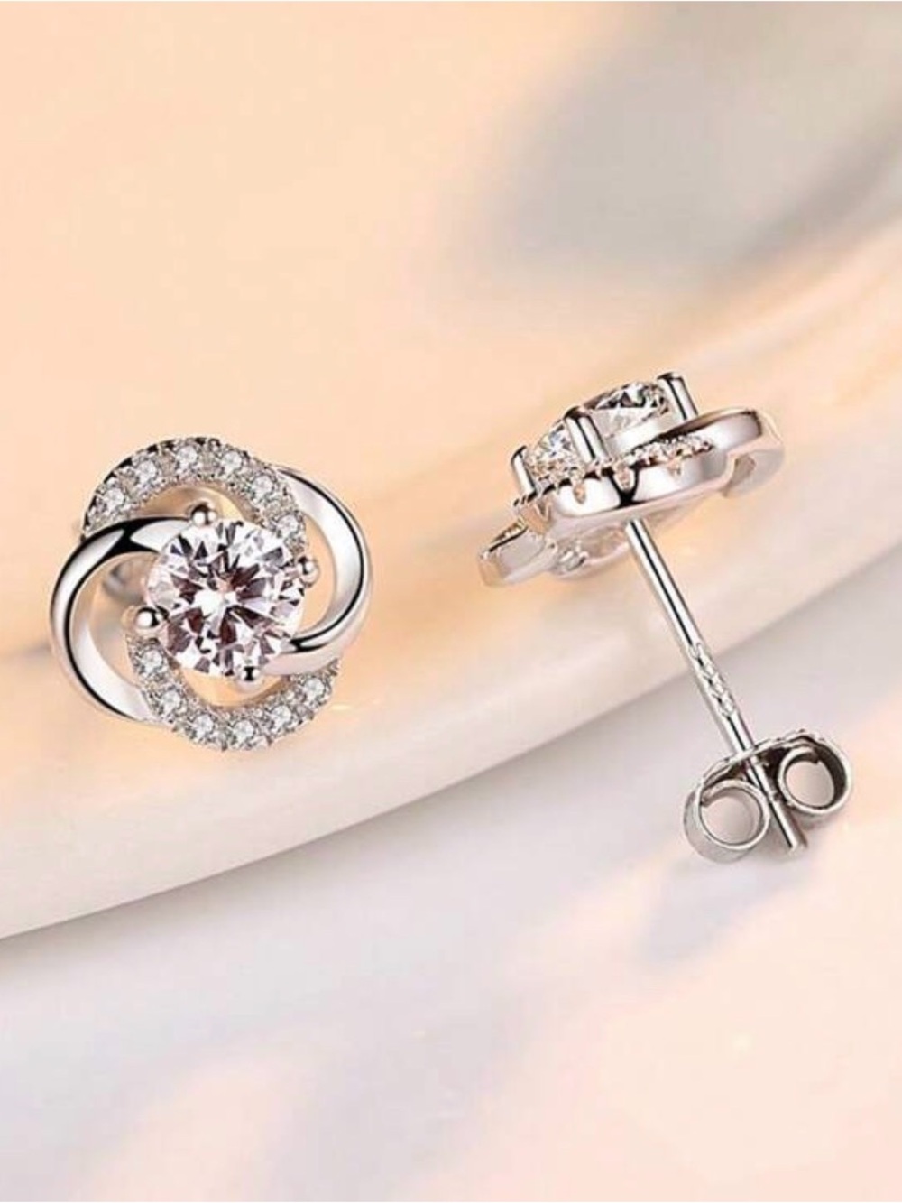 Sterling Silver Crystal Knot Stud Earrings - Clear